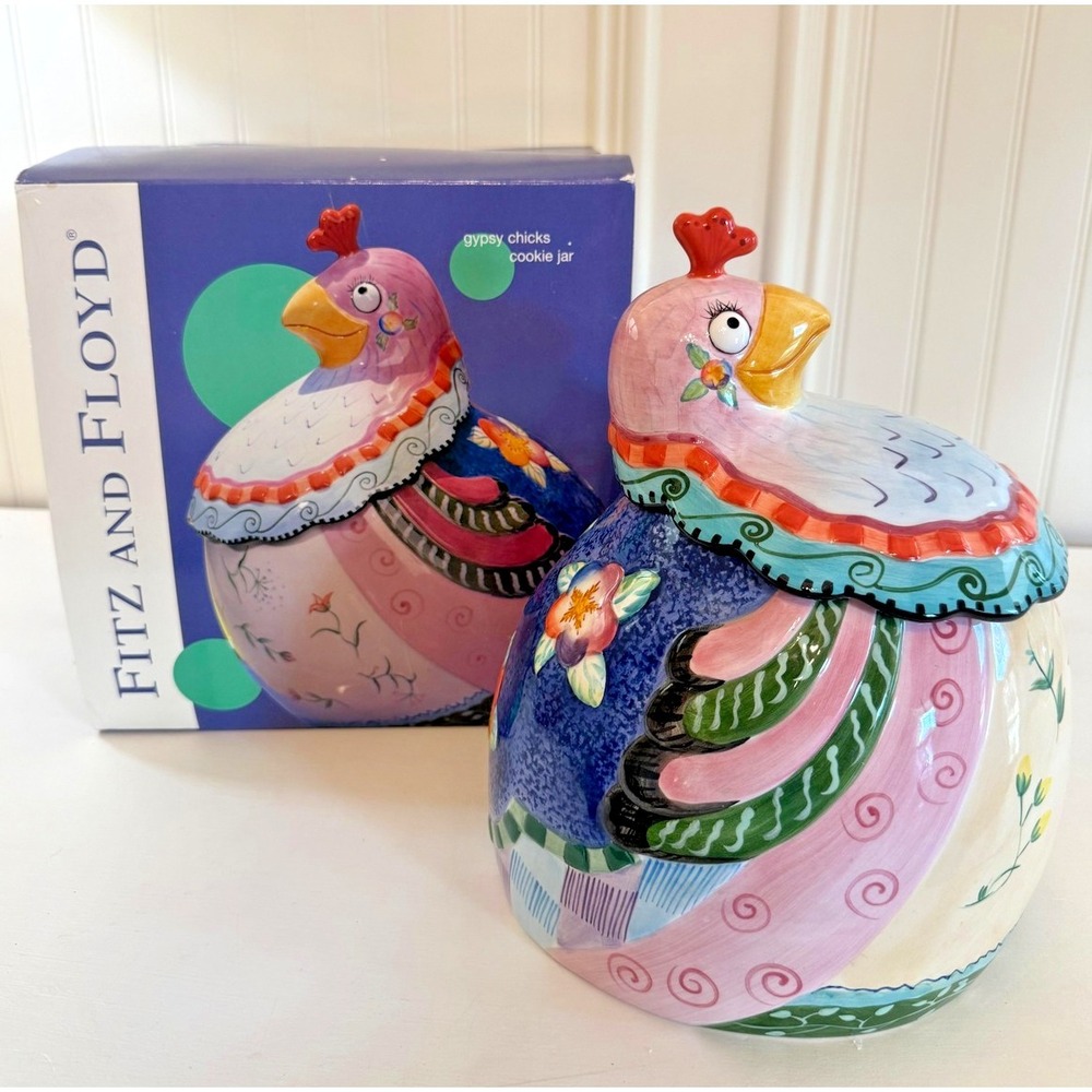 Fitz And Floyd Gypsy‎ Chicks Chicken Cookie Jar Ceramic Multicolor With Box